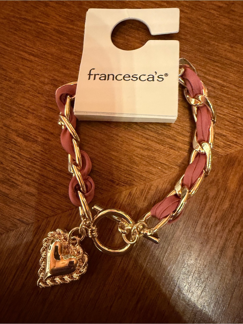 Francesca's Collections Pink Fabric-Woven Gold Heart Charm Necklace